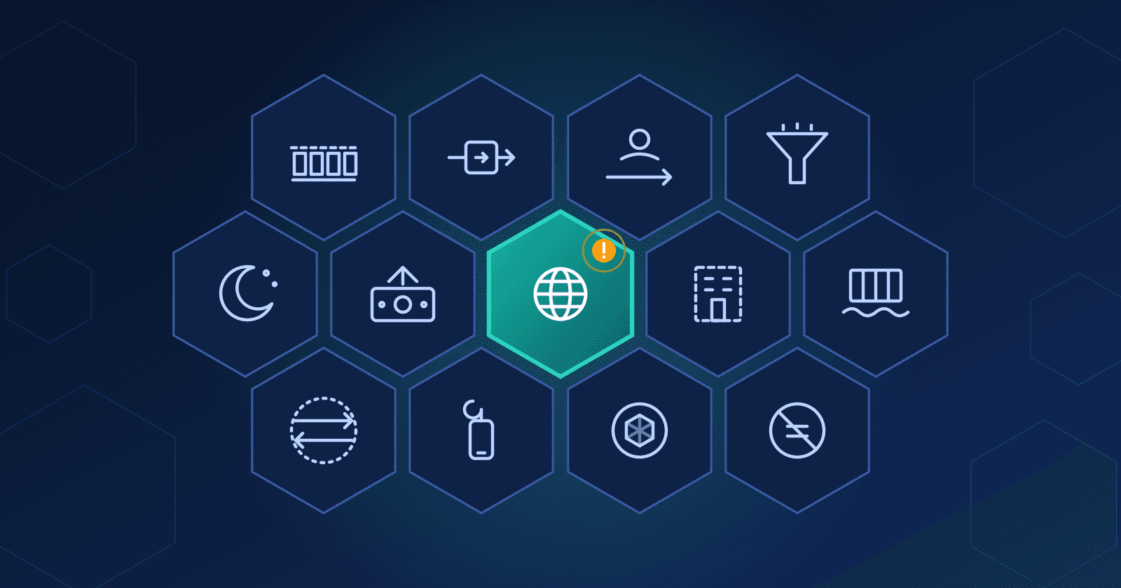 Grid of 13 AML typology icons with one hexagon highlighted as a suspicious pattern.