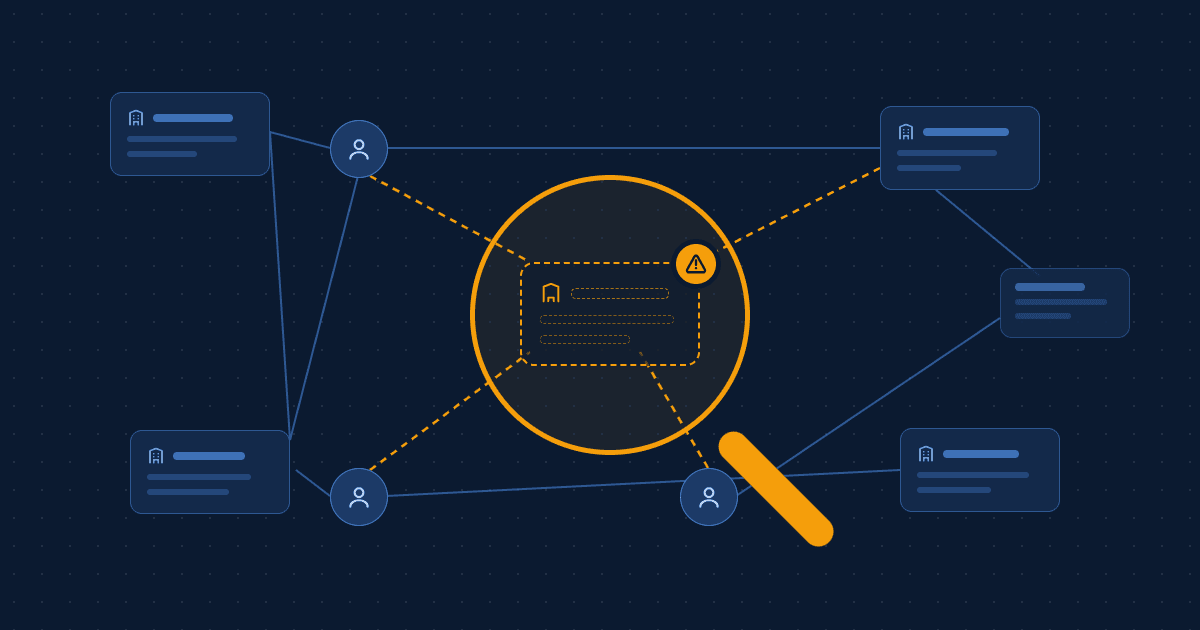 Illustration of a network of company records connected by lines to shared director icons, with a magnifying glass highlighting one hollow, dashed company outlined in amber and marked with a warning symbol.